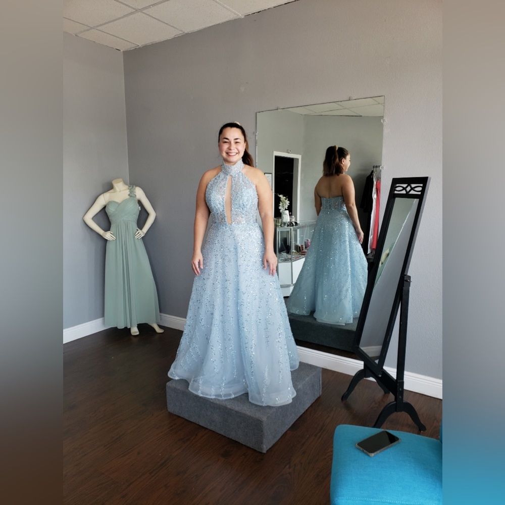 NEW NEVER WORN: MNM Couture Ice Blue Embellished Halter Gown